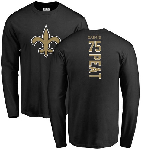 Men New Orleans Saints Black Andrus Peat Backer NFL Football #75 Long Sleeve T Shirt->nfl t-shirts->Sports Accessory